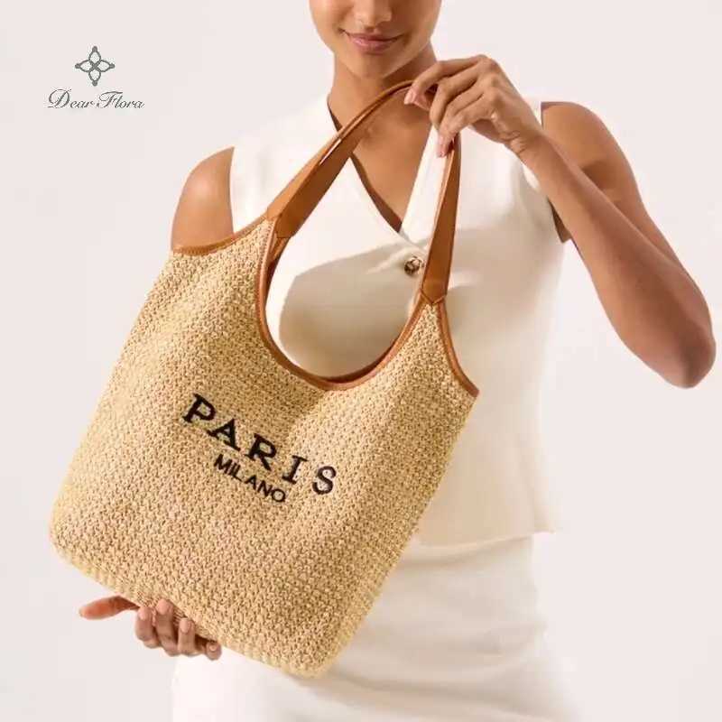 Womens Fashion Letters Straw Summer Beach Shoulder Bags Large Capacity Tote Bags Holiday Designer Casual Handmade Woven Handbags Z250513