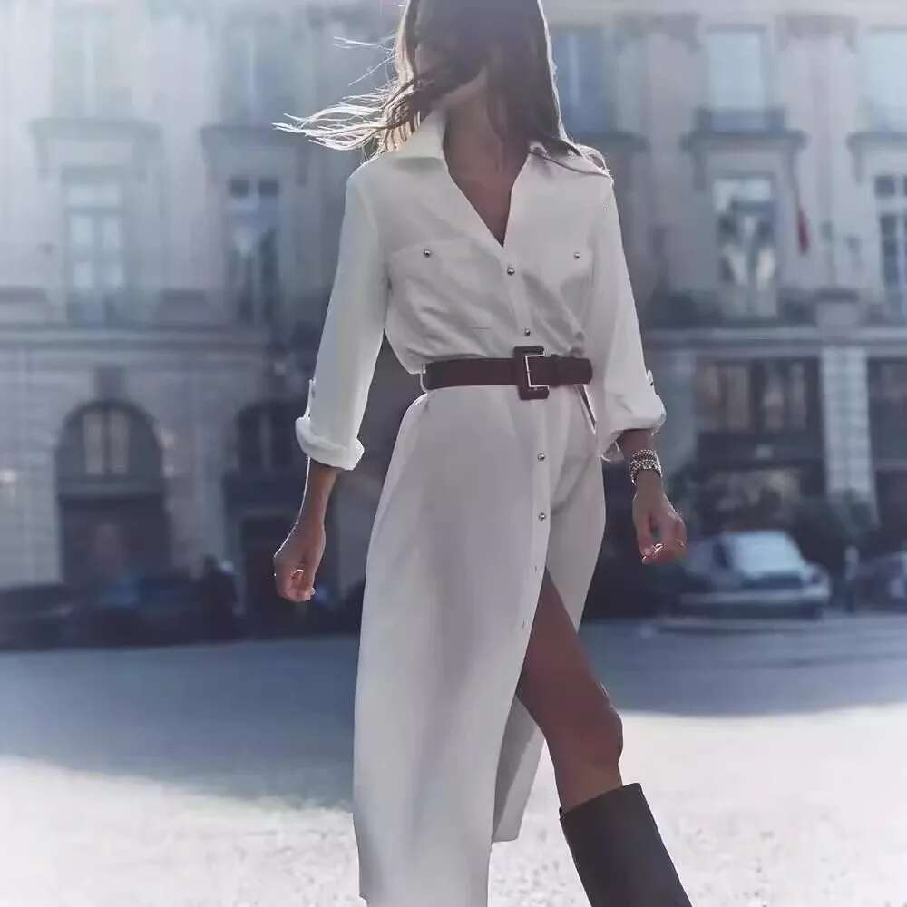 New Woman Elegant White Women Lapel Casual Loose Chic Single-Breasted Pocket With Belt Slim Long Sleeve Dress