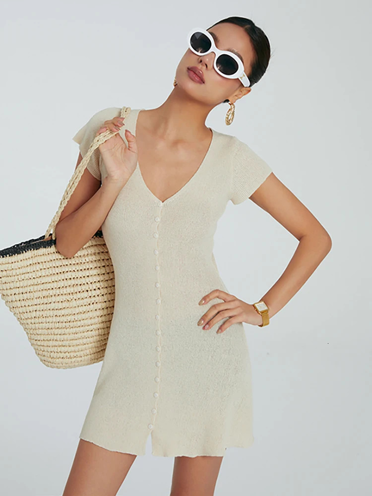 Summer Womens French Style VNeck Knit ShortSleeve Mini Dress Female Beach Solid SingleBreasted 250513
