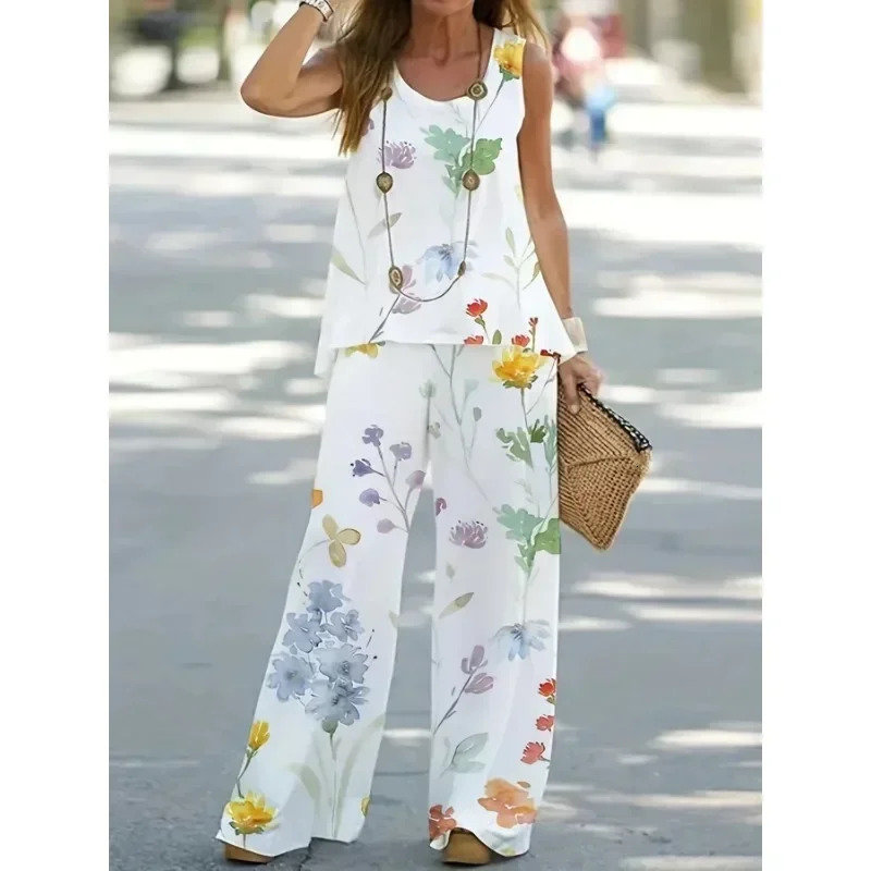 Aomen 1XL8XL Plus size round neck casual set 2piece fashionable solid tank top wide leg pants 250427