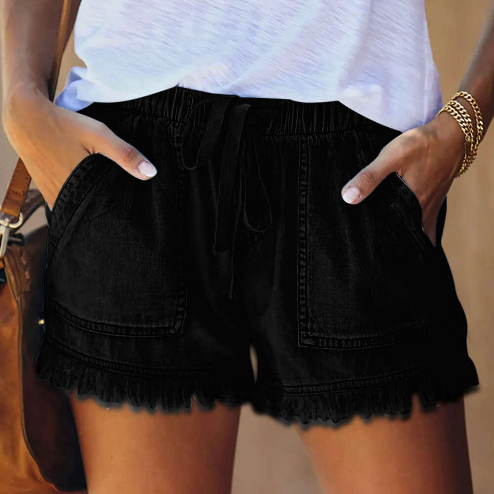 summer European and American elastic drawstring high waist slimming denim shorts for women 2025 new casual fashion trend clothing