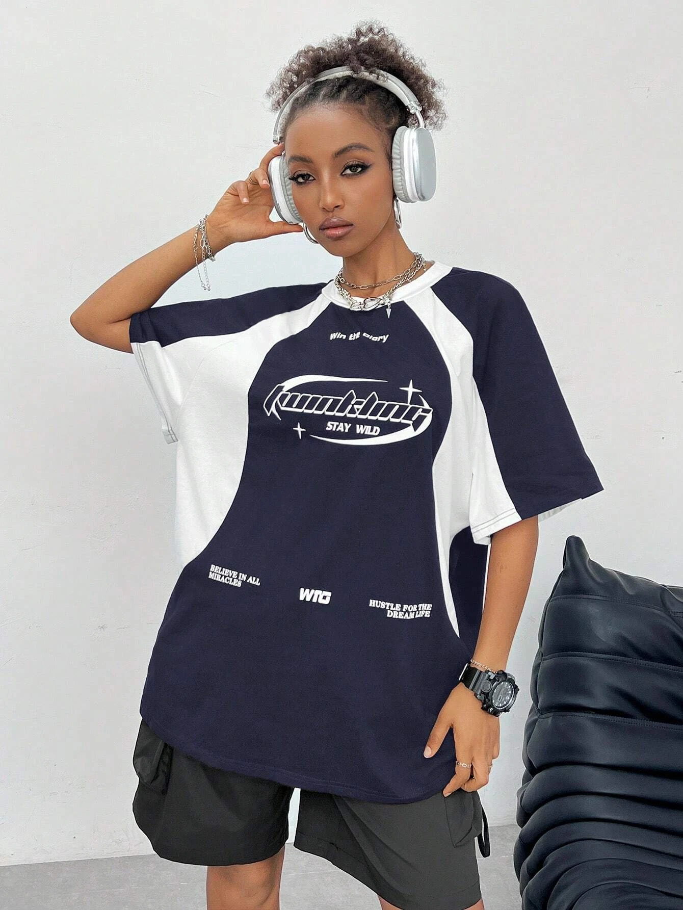 Womens Spring_Summer Streetwear Oversized Racing Motorcycle Print Color Block Raglan Sleeve TShirt Casual Top Tee 250513