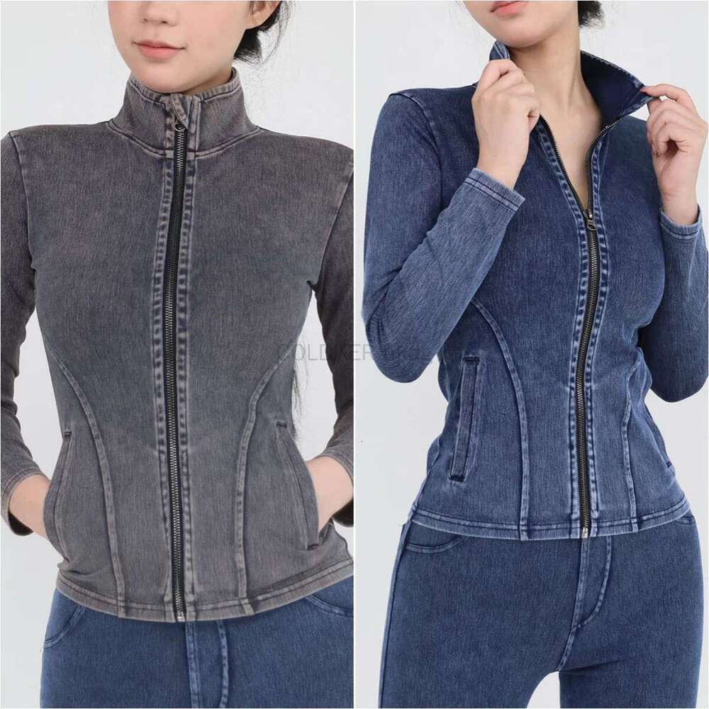 Denim Coat Womens Sports Running Yoga Slim Fit Full Zip Track Turtleneck Workout Jacket
