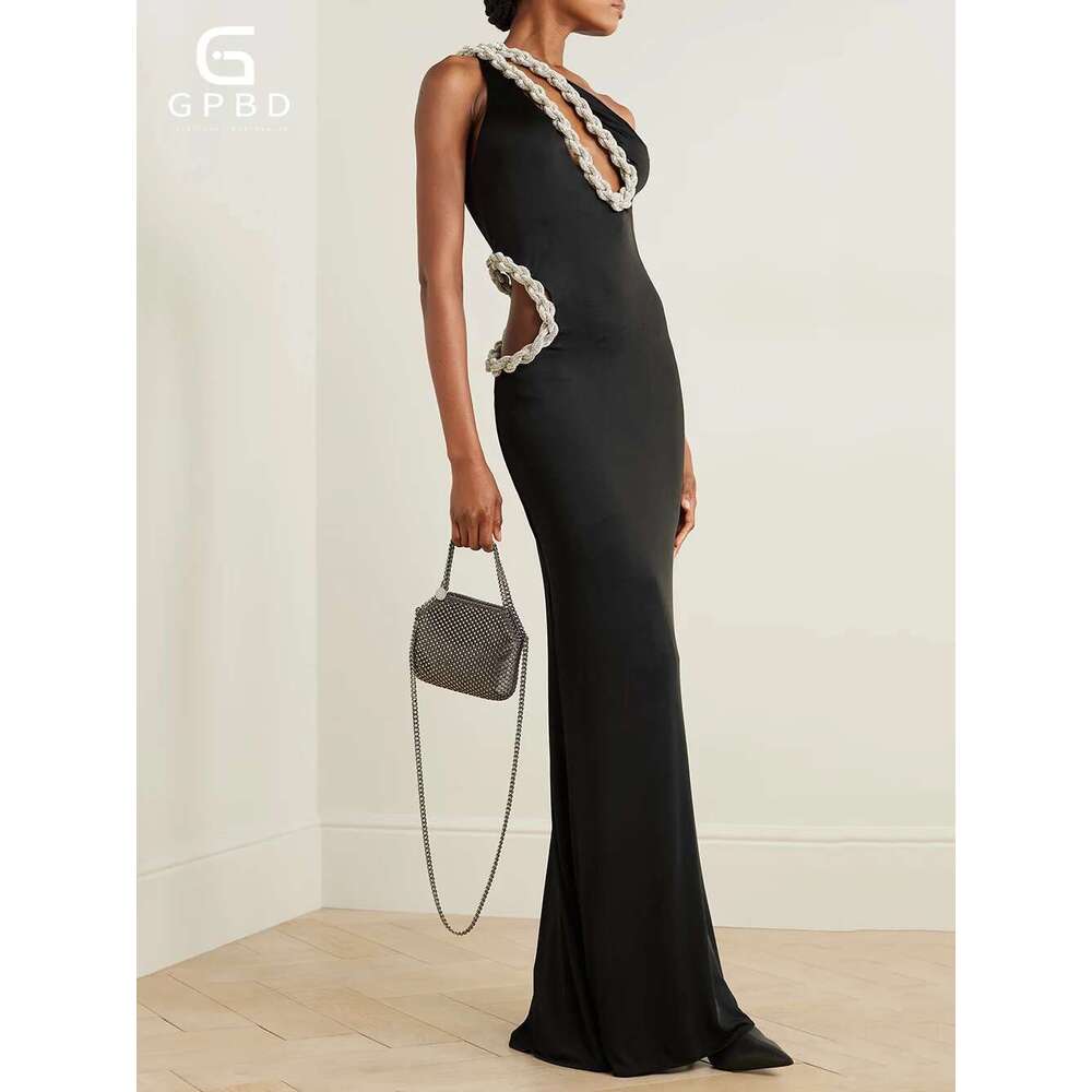 Sexy One Shoulder Hollow Twisted Dia Design Tight Maxi Dress Women Sleeveless Black Celebrity Evening Party Gowns