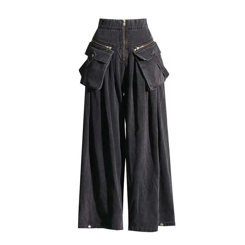 TWOTWINSTYLE Solid Denim Two Piece Sets Lapel Long Sleeve Top High Waist Wide Leg Pant Spliced Pocket Set Female Fashion Clothes