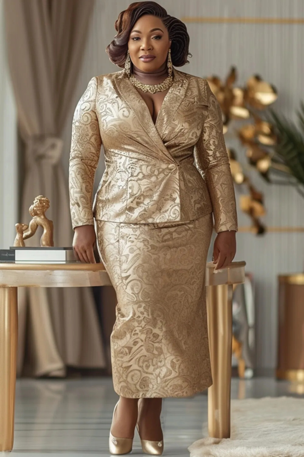 Plus Size Formal Champagne Lapel Collar Long Sleeve Pocket Split Jacquard Two Piece Skirt Sets 250506