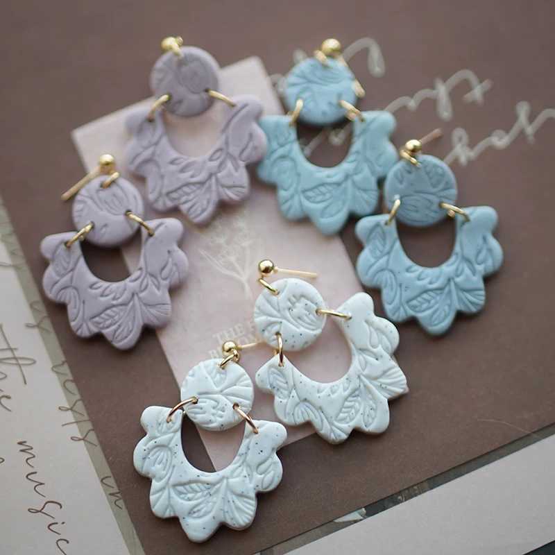 Multi Shapes Flower Feather Pale Colors Sandy Effect Stamping Leaf Patton Handmade Polymer Clay Vintage Earrings Jewelry Sets Y250510