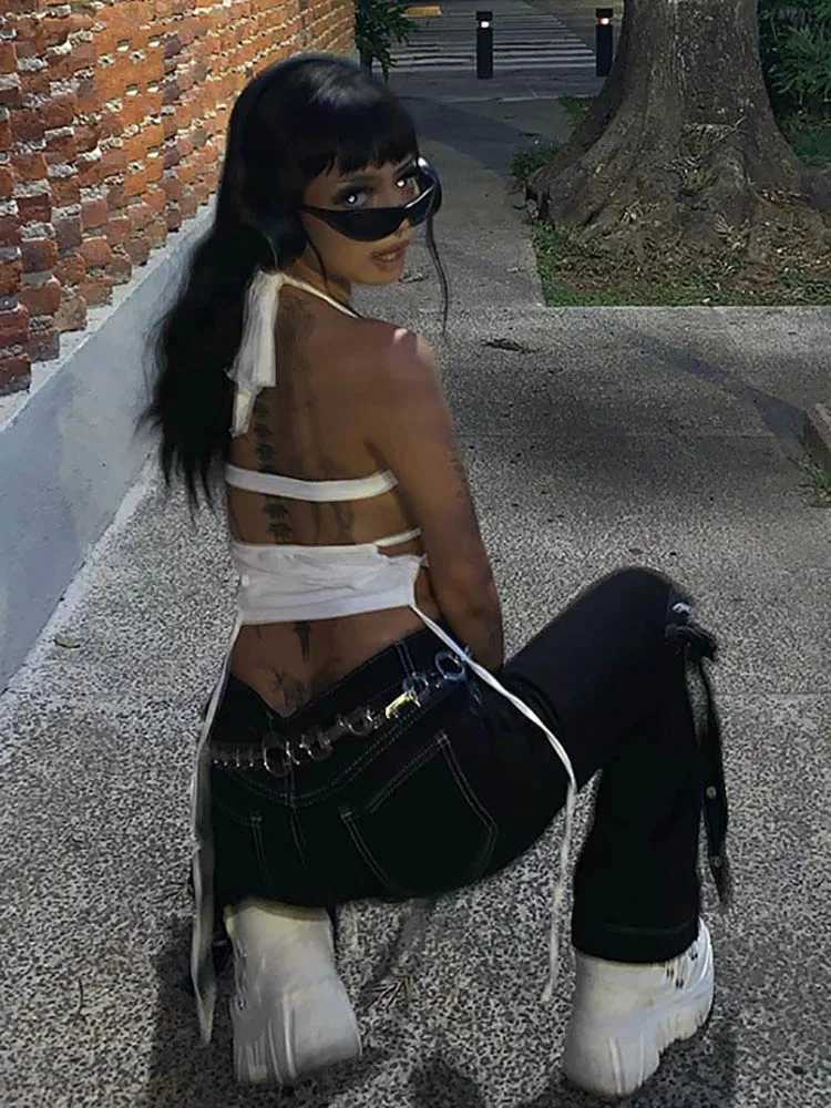 Y2K Sexy Backless Summer Crop Top Women Hollow Out White Sleeveless Bandage Halter Tank Tops Streetwear Cami 90s M250513