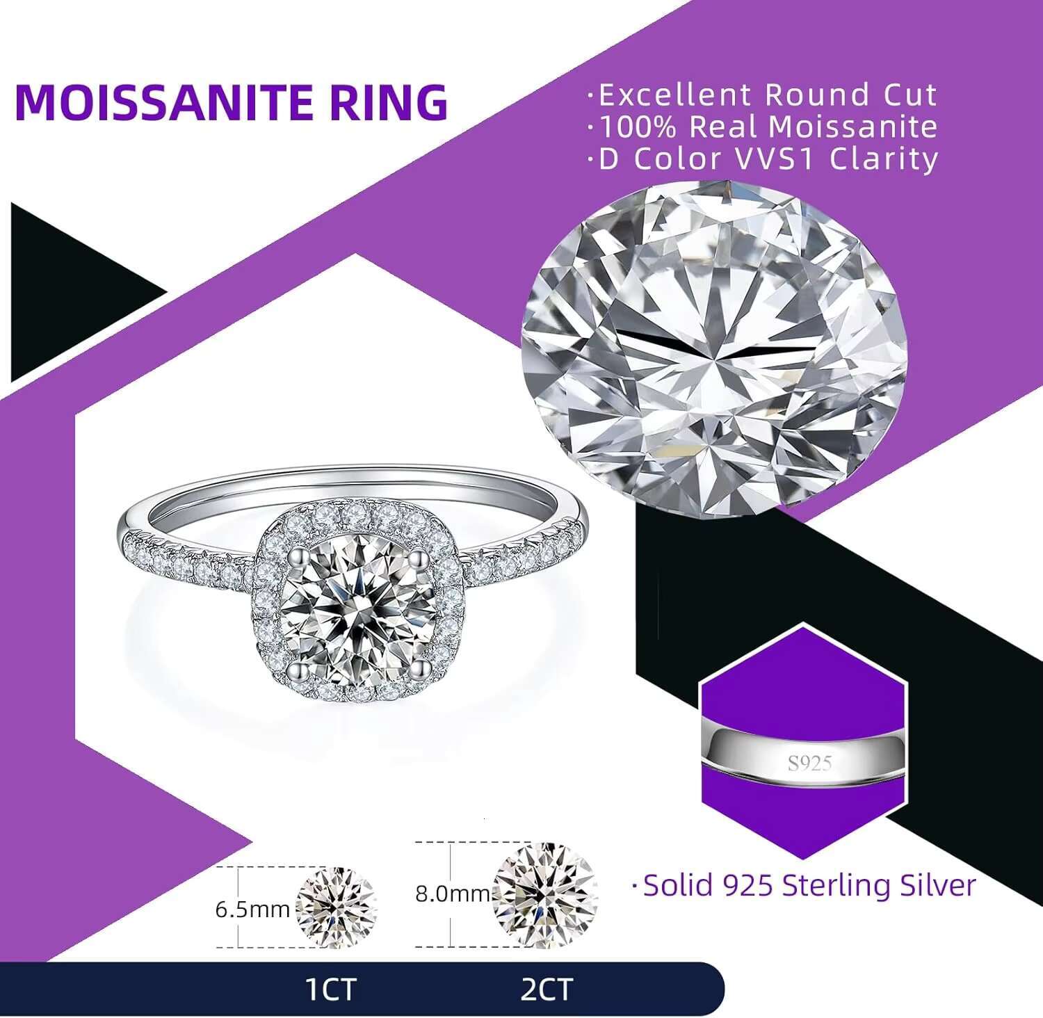 Classic Engagement Wedding Rings 925 Sterling Silver D Color 1-2 CT Moissanite Rings Excellent VVSI Moissanite Rings