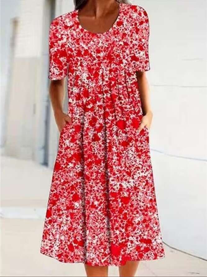 Women Clothes Dress Spring Summer Flower Printed Round Neck Pocket Mid Length Dress For Women KQ