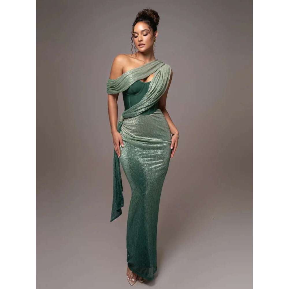 Sexy One Shoulder Draped Glitter Long Dress Women Brown Corset Sparkly Backless Bodycon Maxi Dresses Evening Party Gowns