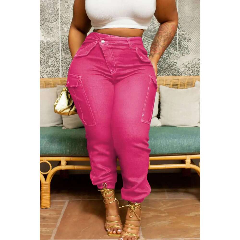 Plus Size Blue All Season Everyday High Waist Warm Skinny Women's Stretch Button Pencil Pants Mom Casual Pocket Work Jeans