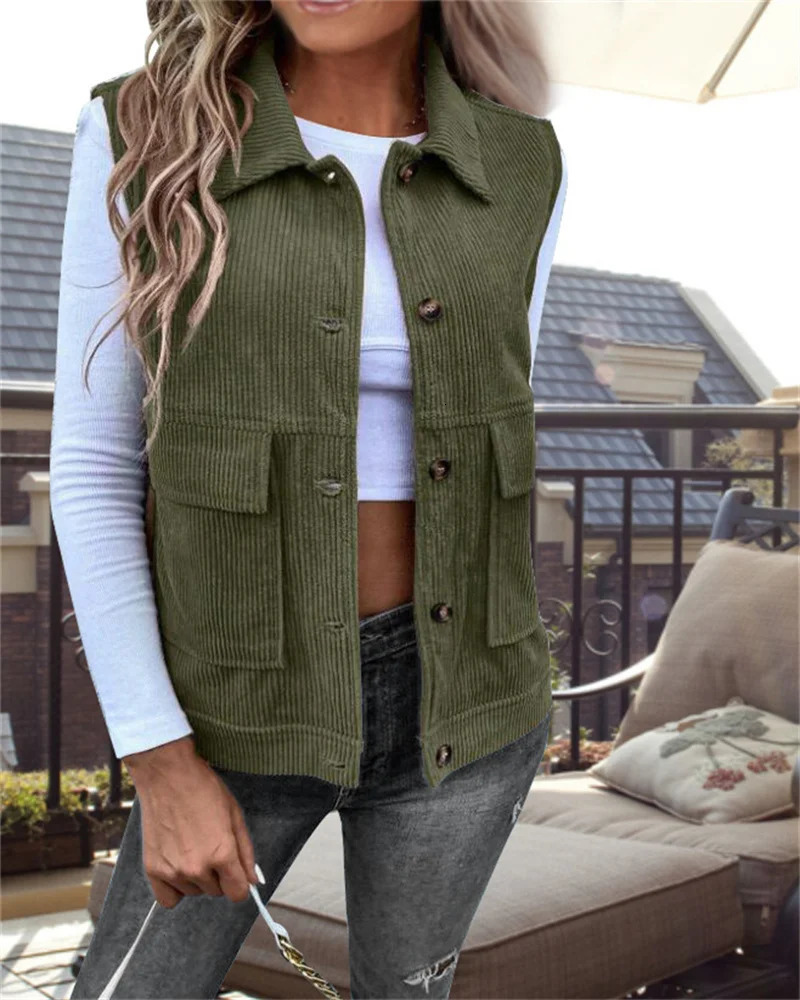 Ladies corduroy vest sleeveless large pocket casual autumn and winter suit collar singlebreasted jacket 250506