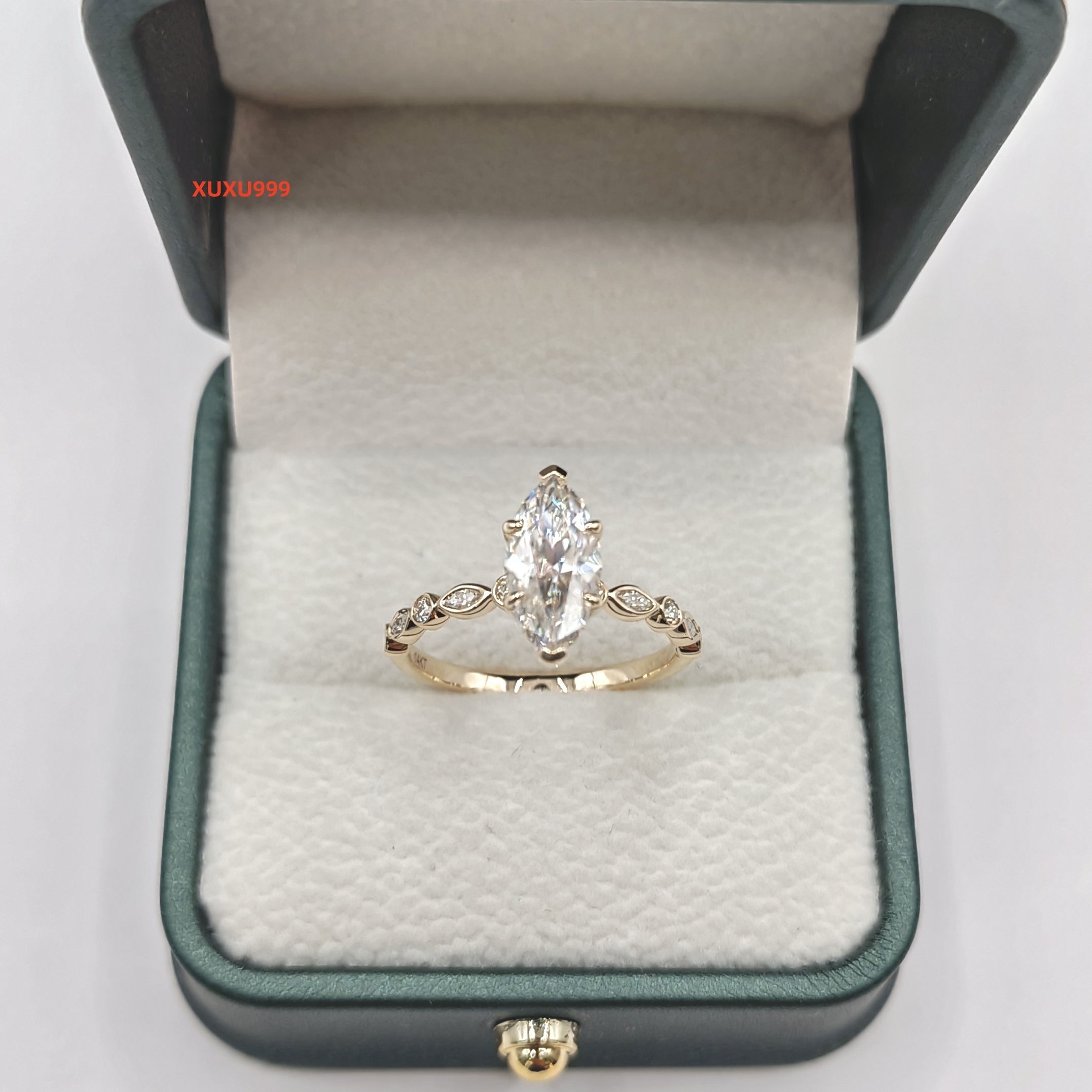 2.0ct Marquise Cut Moissanite 2mm Band High Setting MQ 6.0x12.0mm MQ 3.0x1.5mmx4pcs RD 1.7mmx6pcs US 8.00 14k Gold Rings
