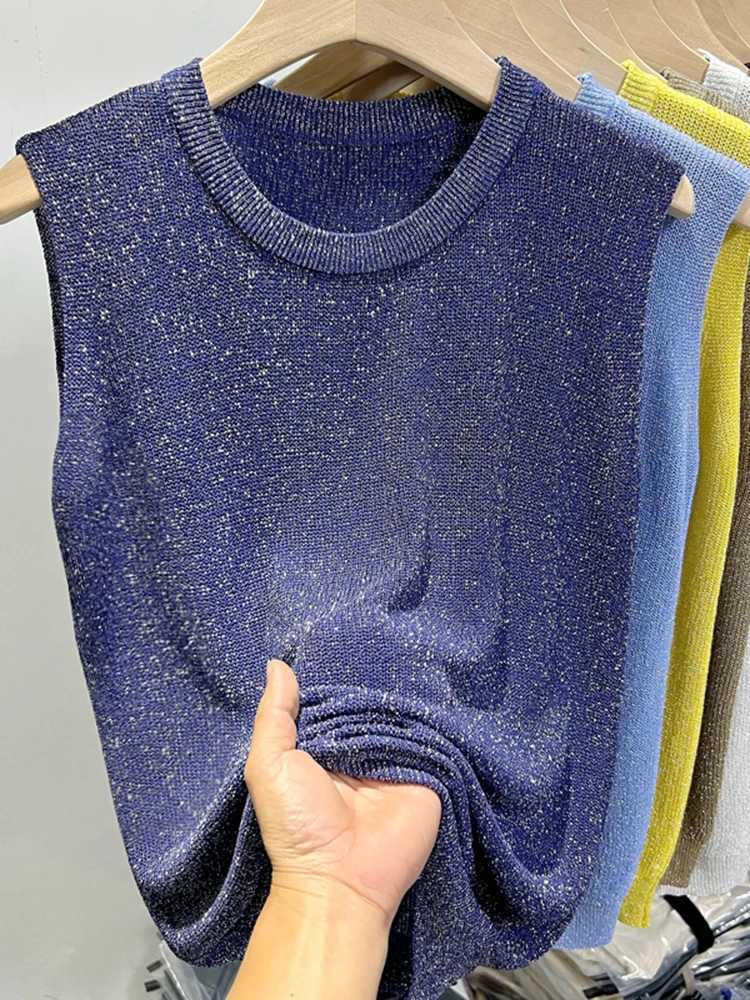 2025 Summer Women Knitted Green Tank Tops Women Thin Tops Basic Casual Tank Tops O-neck Tees Sleeveless Tops For Women M250513