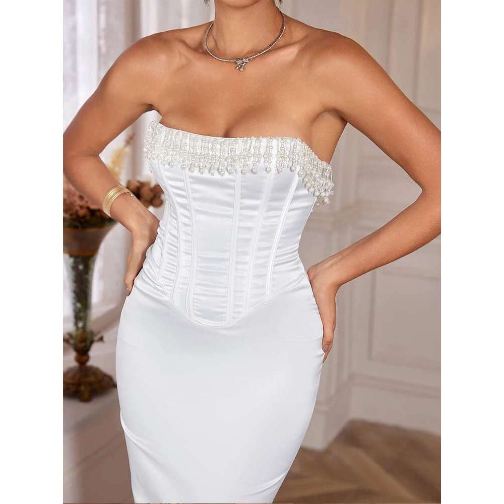 Suninheart White Beading Satin Women Elegant Bodycon Party Dresses Sexy Long Tight Fitting Evening Dress