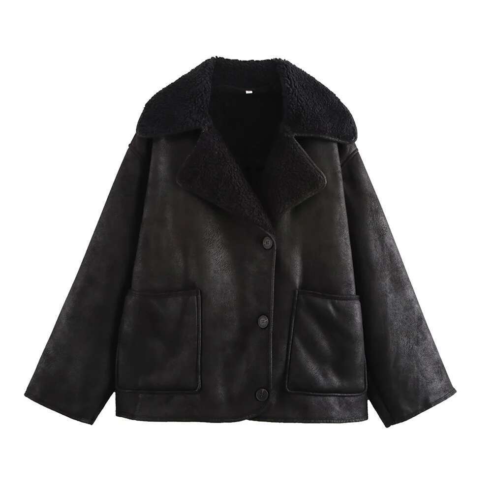 INS Beige Brown Black Classic Three Color Big Turn Down Collar Long Sleeves Women Loose Fleece Lined Jacket Coat ZATT New