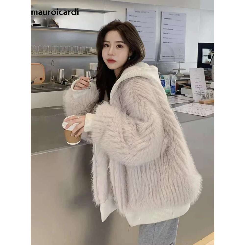 Mauroicardi Spring Winter Hairy Shaggy Soft Thick Warm Faux Fur Coat Women with Hood Fluffy Jacket Fake 2 Piece Clothes
