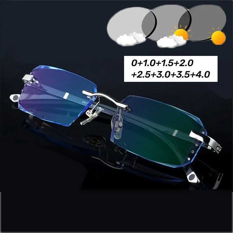 Luxury Outdoor Photochromic Reading Glasses Men Women UV Protection Far Sight Glasses Diamond Cut Rimless Presbyopia 0+1.0+4.0 W250513