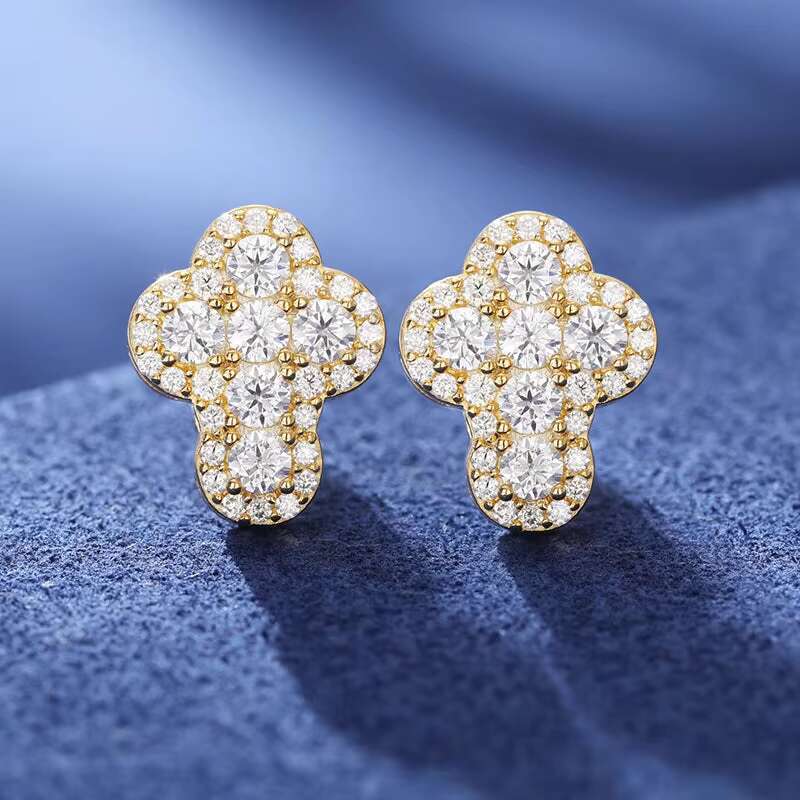 Stylish Gold VVS Moissanite Diamond Cross Stud Earrings with 18K Gold Plating for Anniversary Fine Hip Hop Jewel