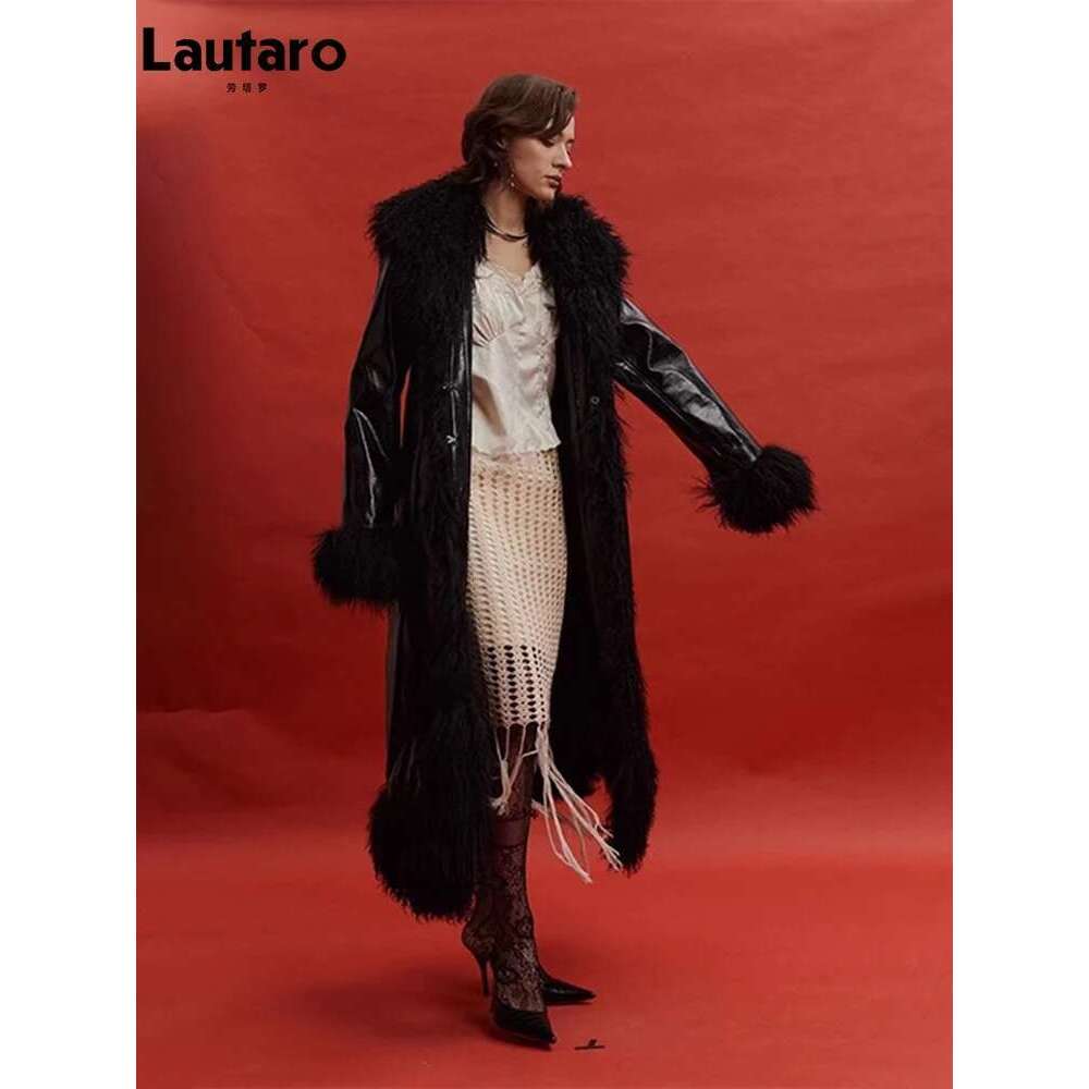 Lautaro Spring Autumn Long Black Shiny Patent Pu Leather Coat Women with Faux Fur Trim Designer Clothing European Fashion