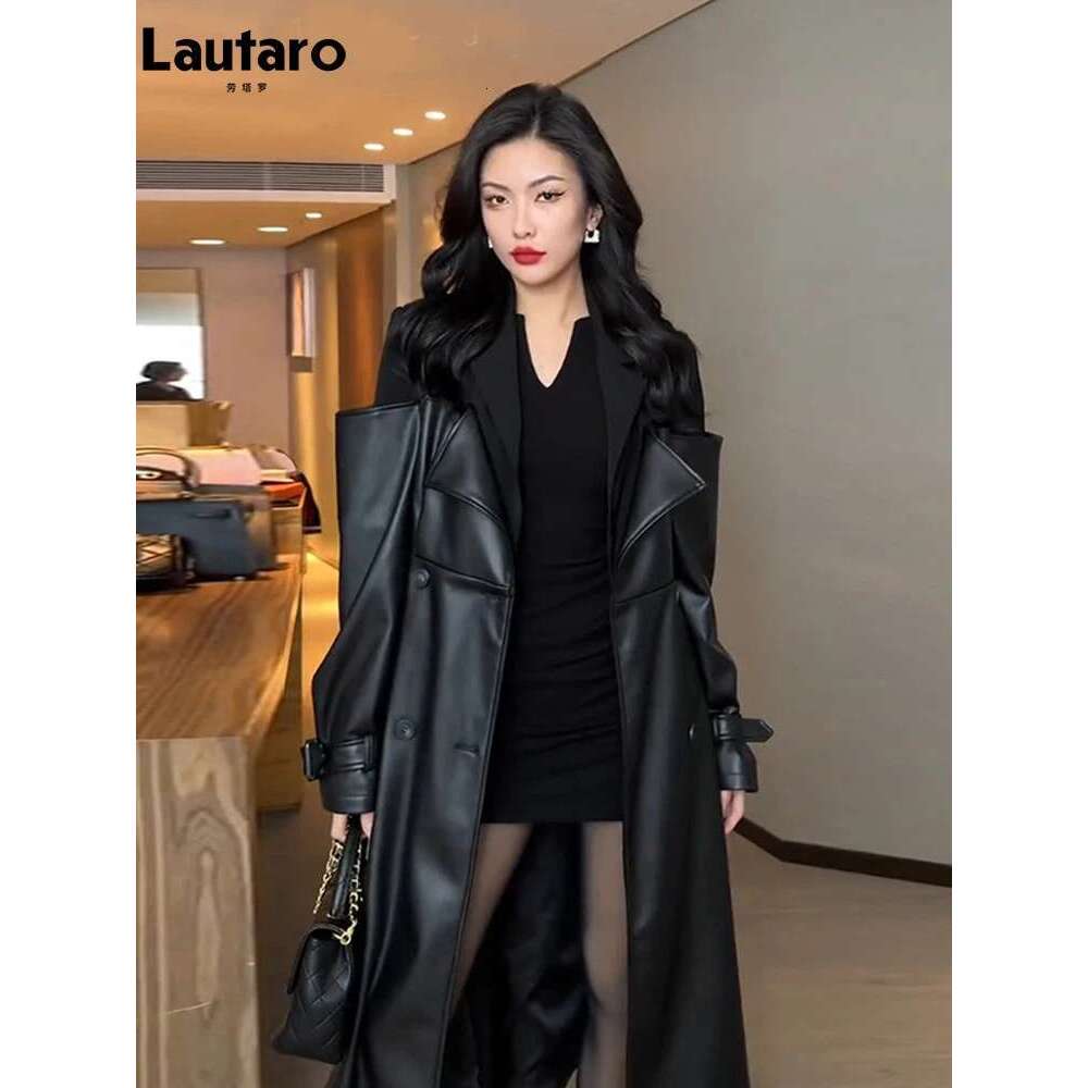 Lautaro Autumn Long Black Patchwork Pu Leather Trench Coat for Women Double Breasted Loose Stylish Designer Clothing 2023