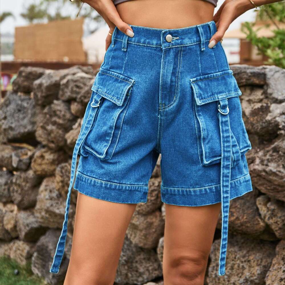 European and American denim work pants, casual pocket shorts, elastic waisted women's 2025 temperament versatile new trend clothing ins