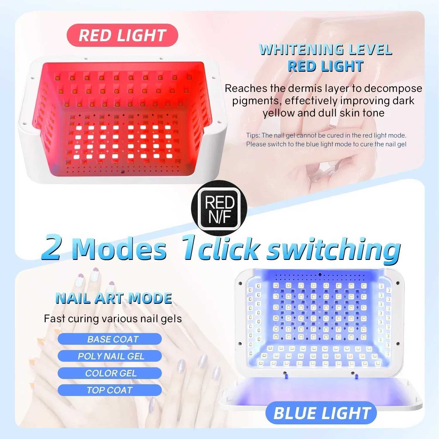 480W UV LED Lamp for Nails 08 LEDs Nail Dryer with Red Light Whitening Mode Large Space Manicure Lamp 4 Timer Settings W250513