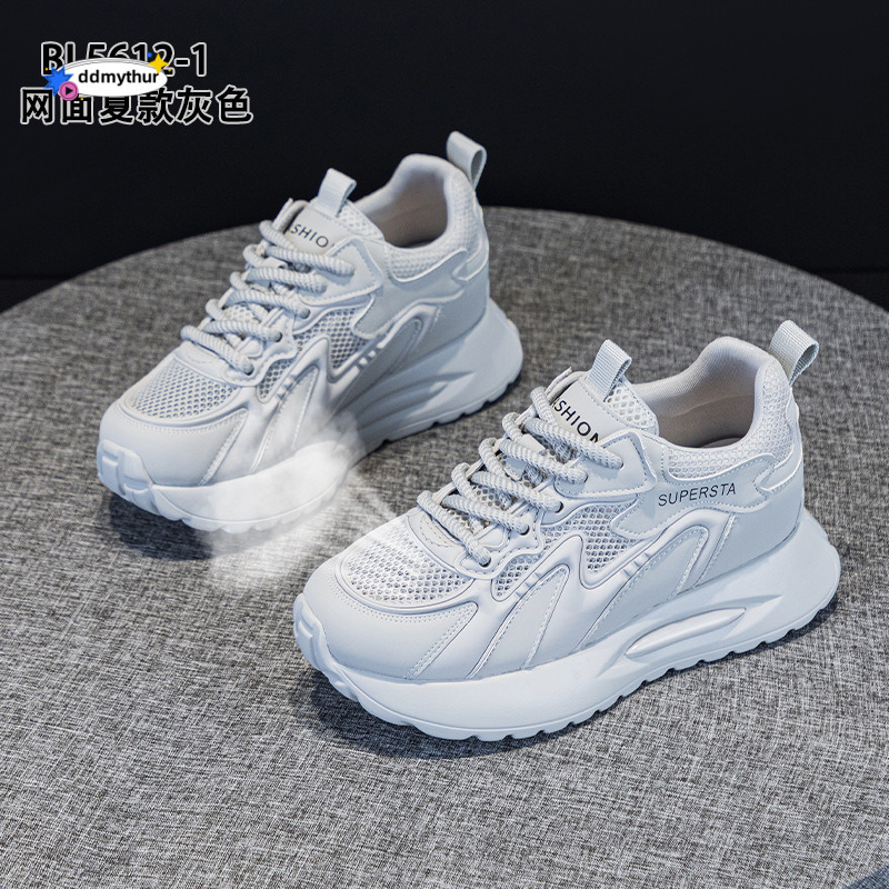 Real leather thick soled dad for women in the spring and summer of 2025 new style, internet celebrity mesh, breathable inner height increase, casual F