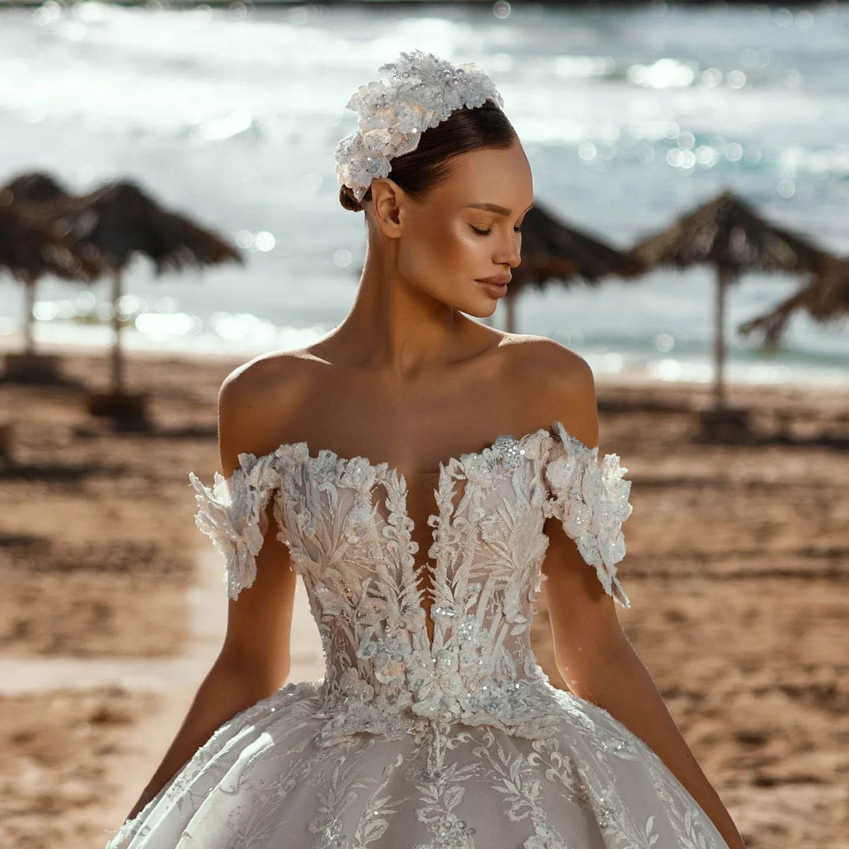 Elegant Wedding Dress For Women Off Shoulder Sleeveless Bridal Gown Sequins Appliques Sweep Train Dresses Custom Made vestidos de novia