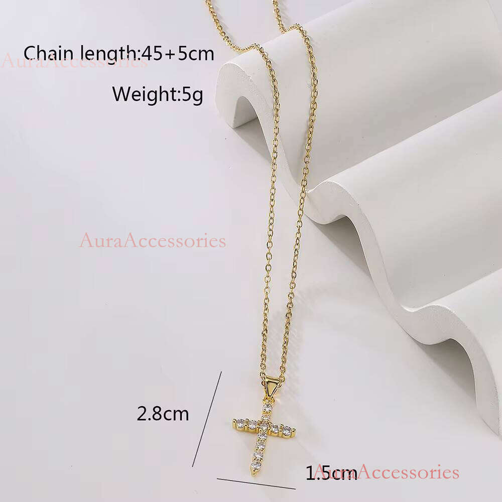 Retro Gold Plated Do Not Fade Clear Crossed Dia Zircon Cubic Zirconia Cross Pendant Necklace