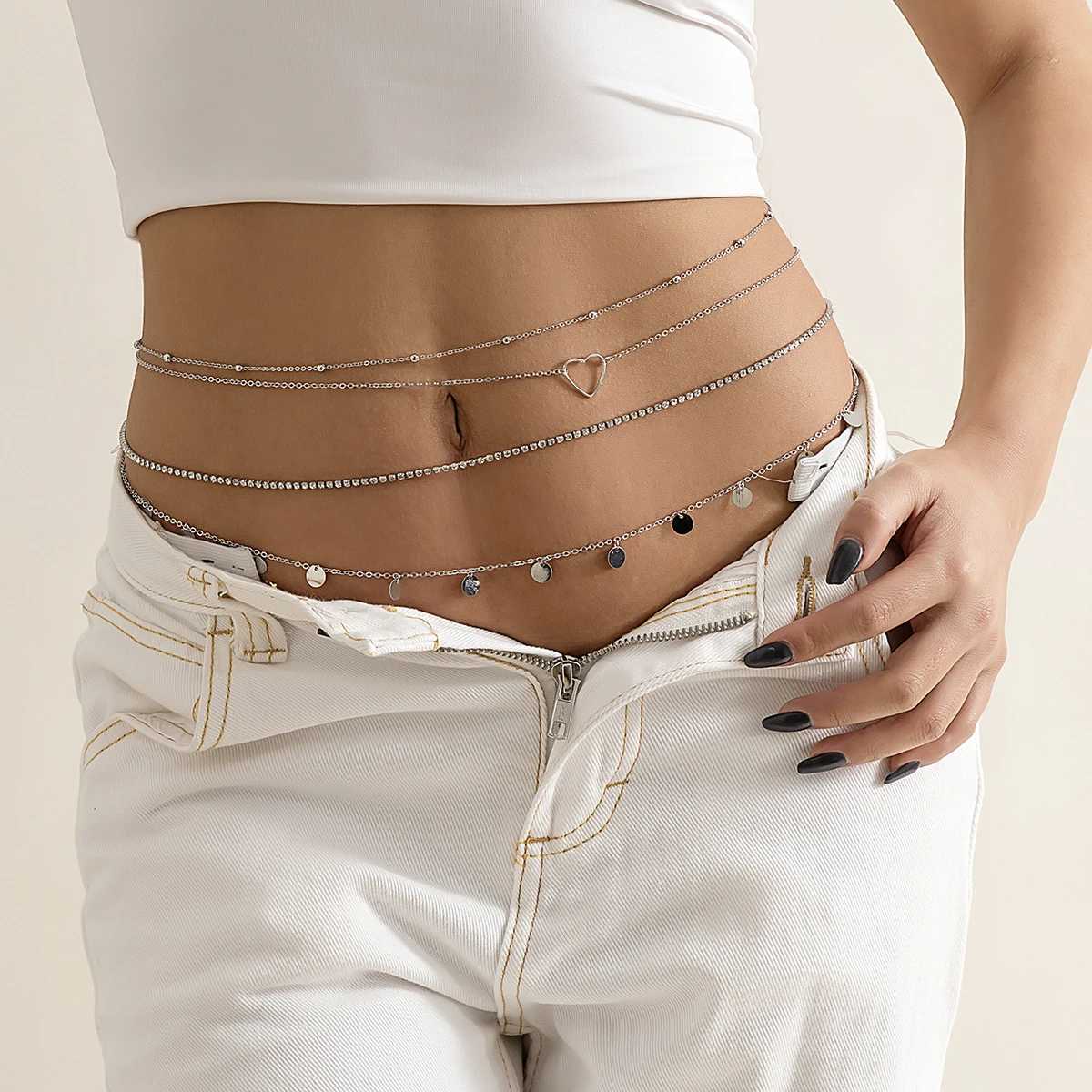 4pcs/Set Punk Aesthetic Thin Belly Chain for Waist Geometric Heart Sequins Sexy Body Jewelry Tennis Chain Rhinestone AccessoriesT250513