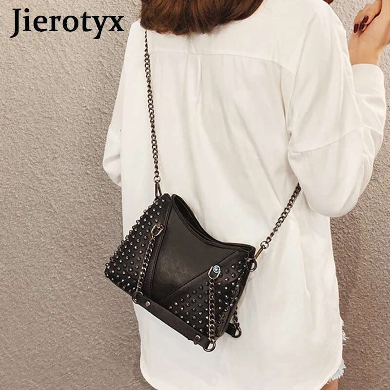JIEROTYX Studded Shoulder Women Leather Punk Style Rock Rivet Crossbody Bag Handbag With Chain Wallet Purse For Girls