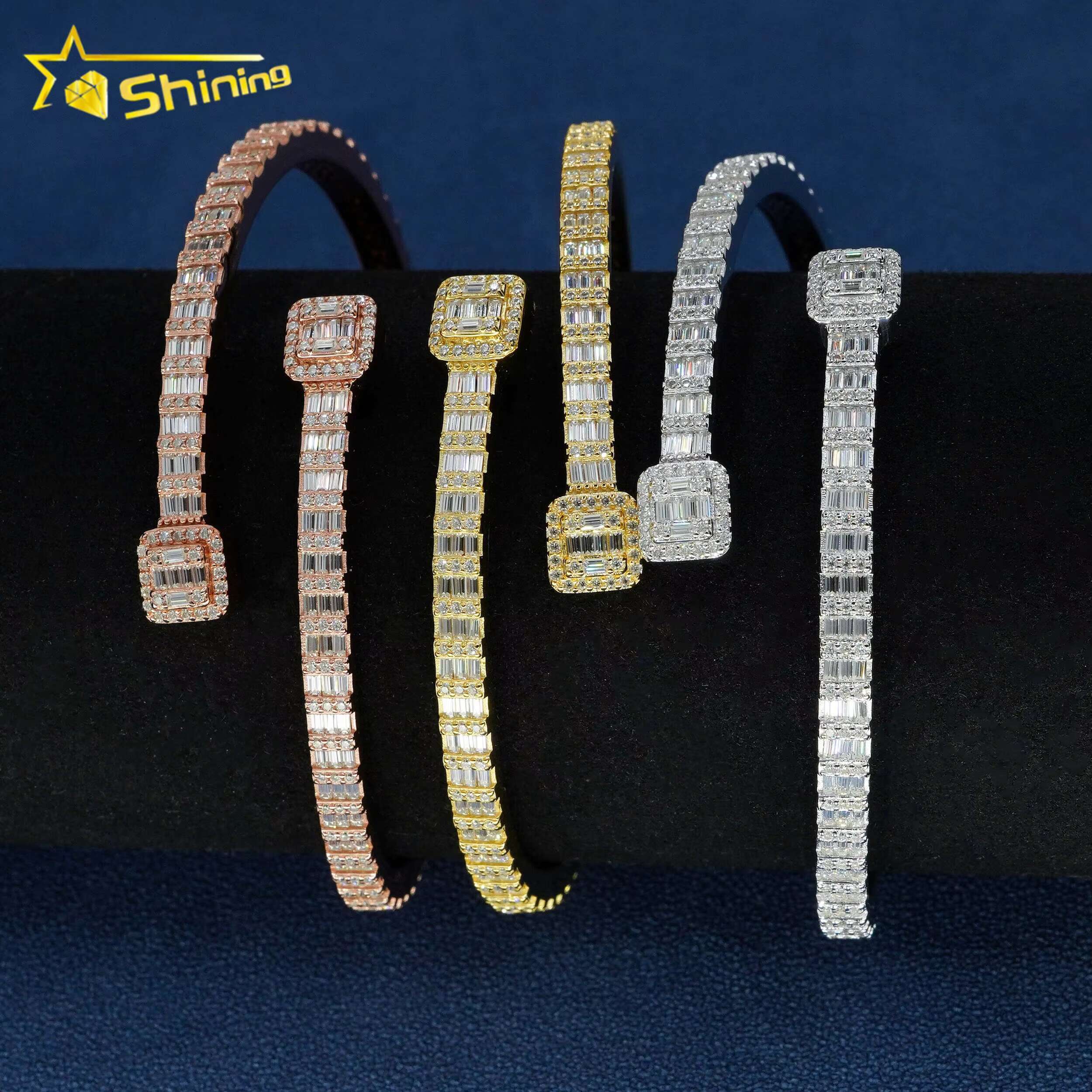 Worldwide Shipping Fine Jewelry S925 Silver Gold Plated VVS Baguette Moissanite Diamond Bangle Bracelet GRA Certificated