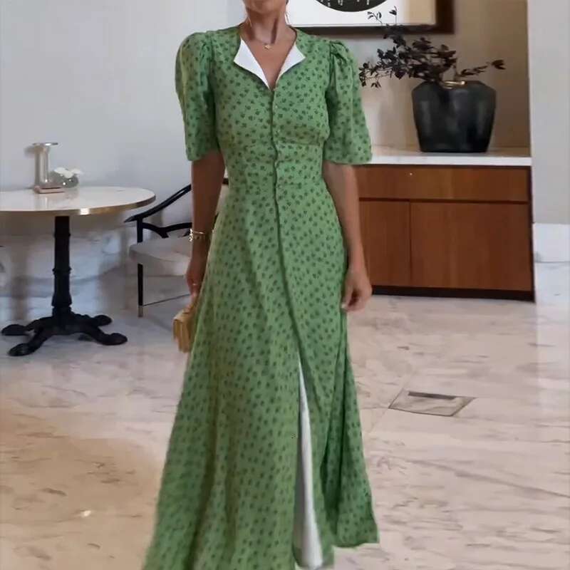 Ellafads Long Women Summer Elegant Short Sleeve Printed V Neck Nipped Waist Slit Casual Holiday Dresses Streetwear