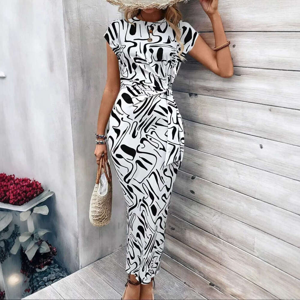 Women Clothes Dress Elegant Temperament Waist Strap Striped Round Neck Short Sleeved Long Dress Summer High End Women S Clothing KQ