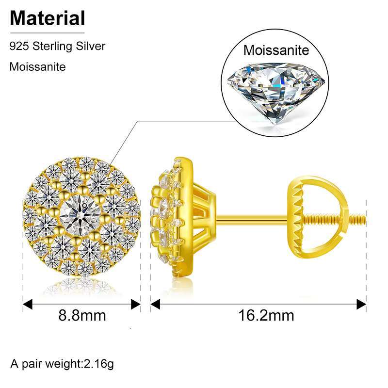 New Arrival Classic 925 Sterling Silver Gra Certified Iced Out Moissanite Stud Earring Fine Hip Hop Men Jewelry