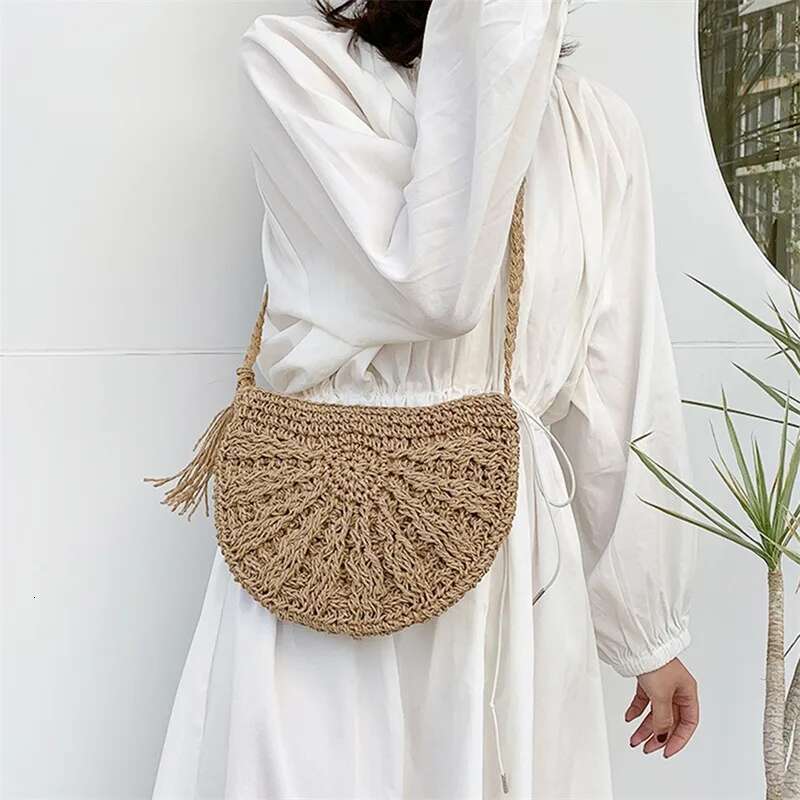 New Round Straw Bags For Women Summer Beach Rattan Bag Handmade Woven Half Moon Crossbody Handbags Bohemia