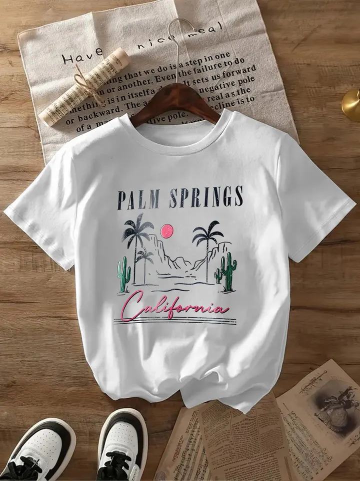 Y2K Summer Clothing Womens Black California Palm Springs Graphic TShirt Casual Short Sleeve Crew Neck Top with Retro Desert 250513