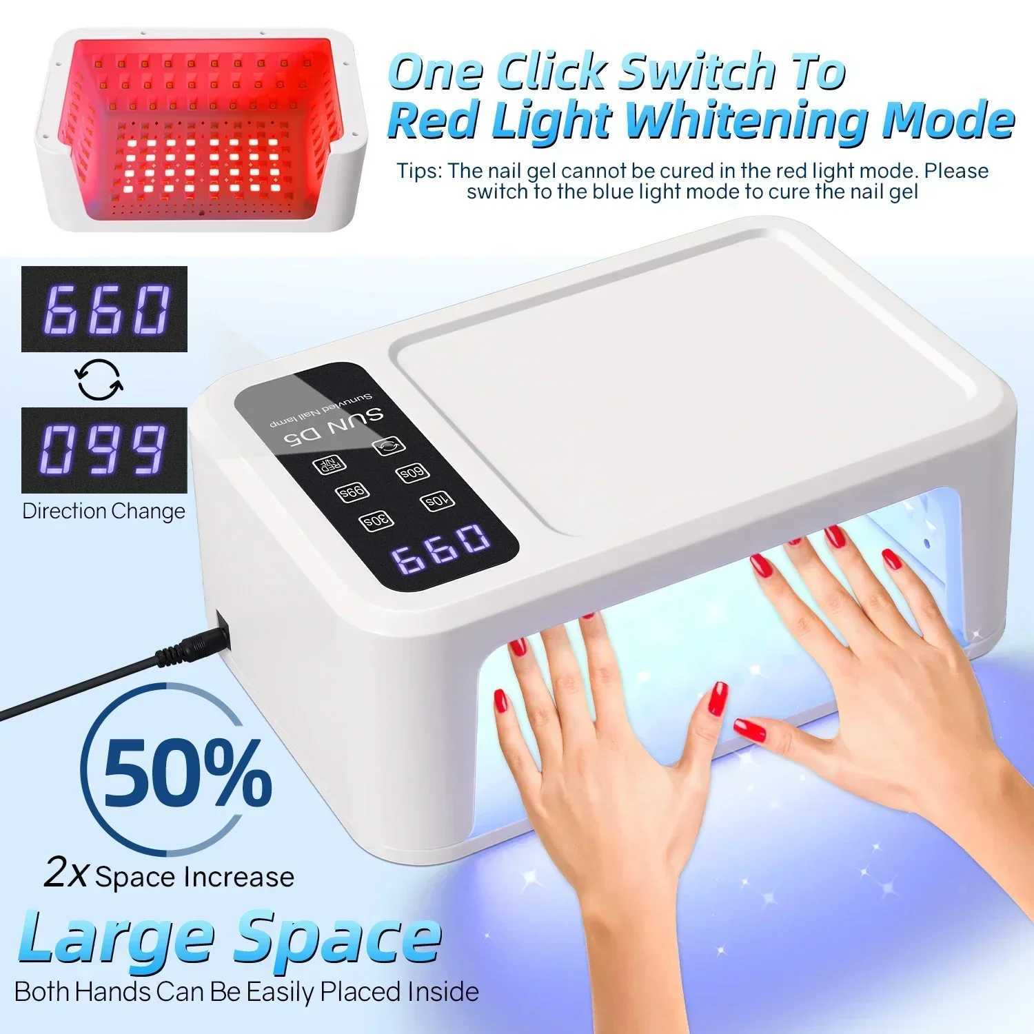 480W UV LED Lamp for Nails 08 LEDs Nail Dryer with Red Light Whitening Mode Large Space Manicure Lamp 4 Timer Settings W250513