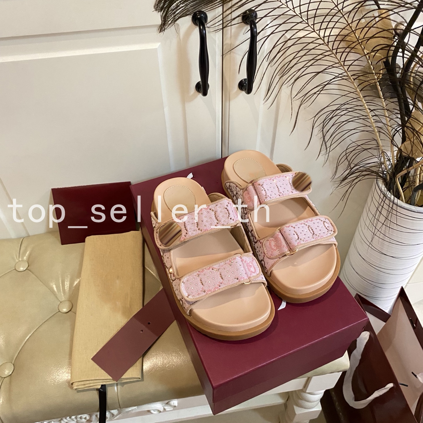 Velcro Sandals With Diamonds Designer Sandal Women Dad Slides Double Band Adjustable Slipper Flat Heel Fabric Cotton Slippers Summer Woman Sandal PINK SANDAL
