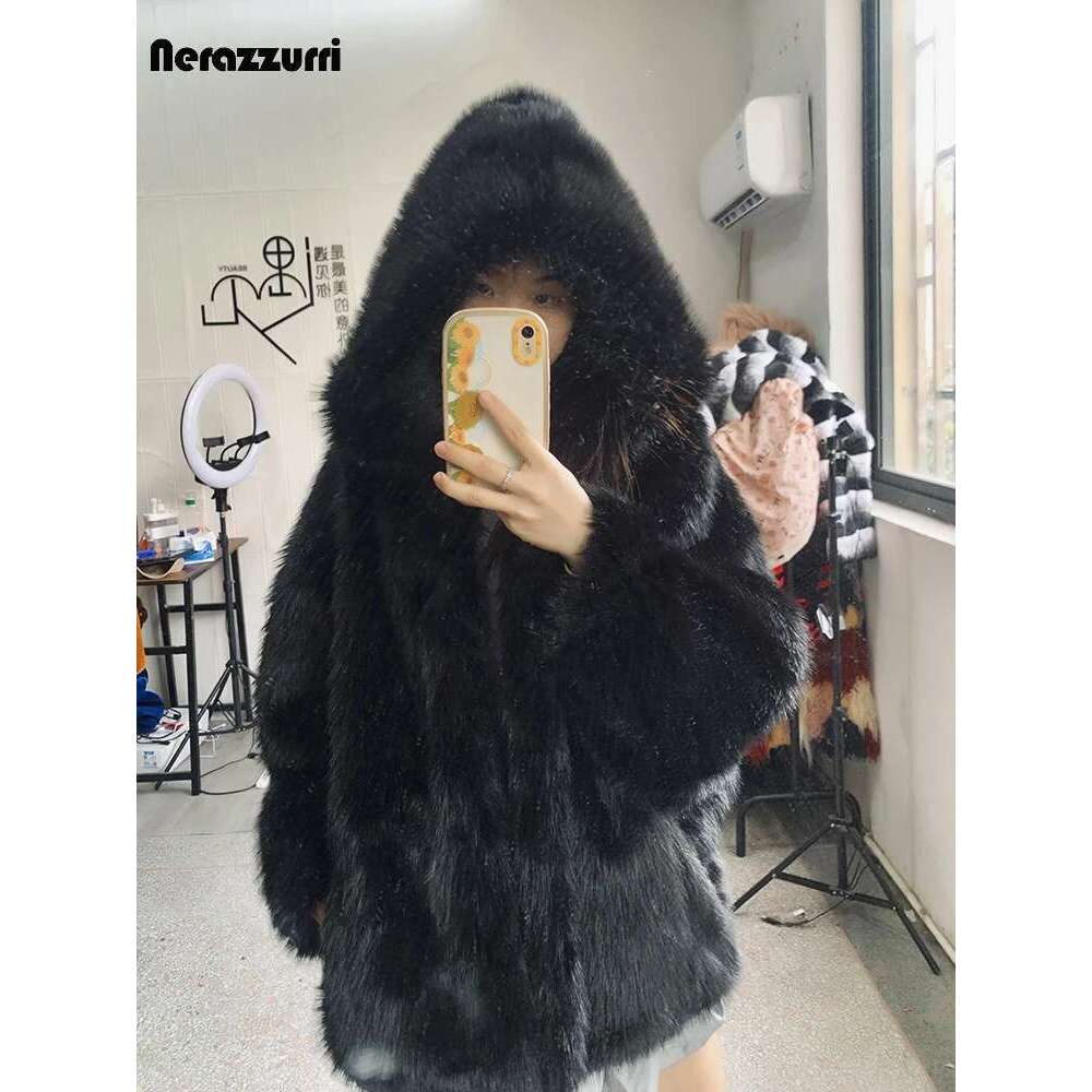 Nerazzurri Autumn Winter Oversized White Black Warm Shaggy Hairy Faux Fur Coat Women with Hood Loose Casual Fluffy Jacket
