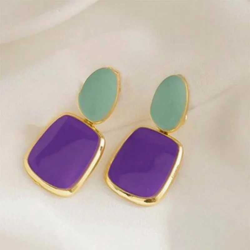 Korean Multicolor Square Dangle Stud Earrings For Women Green Purple Pink Blue Semi-Precious Stone Earrings Pastoral Style Y250510