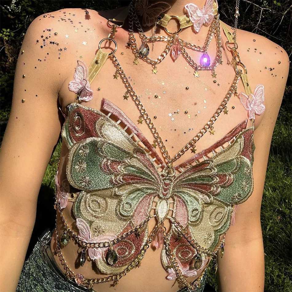 YOUR BUMP CURVE Sexy Woman Crystal Chain Butterfly Embroidery Sleeveless Backless Adjustable Ultra Short Top Music Prom M250513
