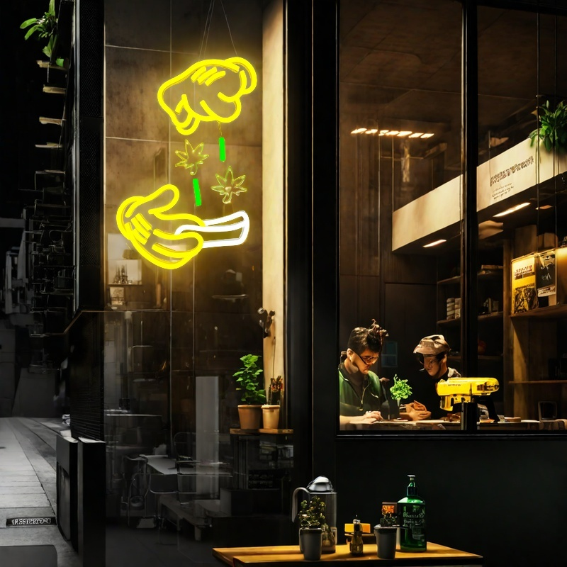 Weed Neon Sign Dimmable Green Leaf Neon Sign for Wall Decor Holding Led Sign Glove Neon Lights for Bedroom Man Cave Bar Decoration Stoner Gifts