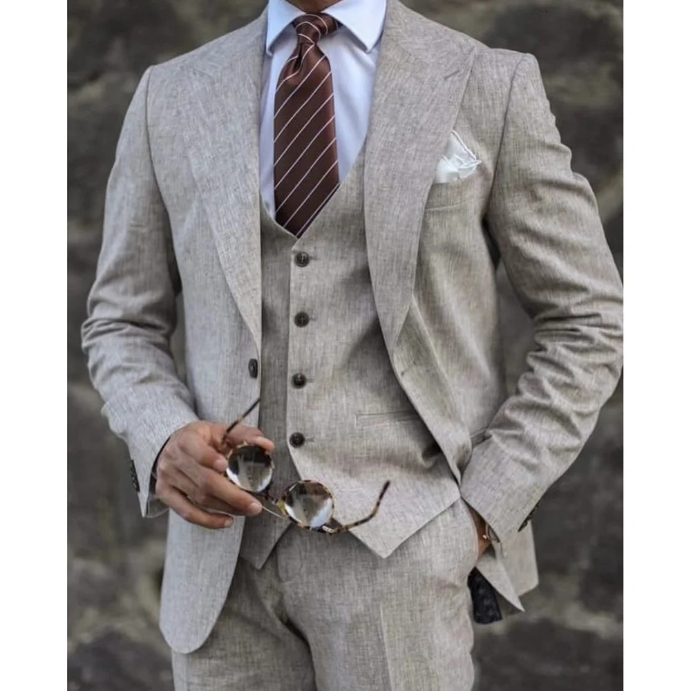 Summer Mens Suits Slim Fit Fashion Flip Collar Single Chest Thin Linen Business Leisure Beach Wedding Evening Dress 3 pieces 250506