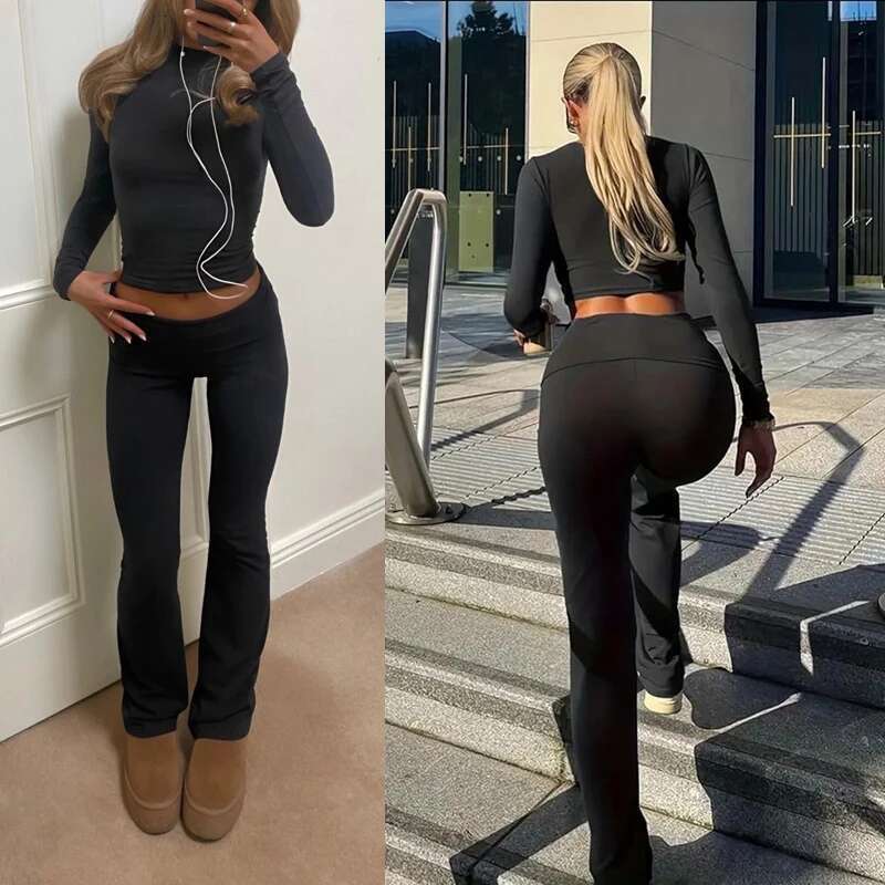 Comfy Cotton Lounge Wear Women Clothes High Stretch Slim Crop Top and Skinny Flare Leg Pants Suit Gym Fiess 2 Two Piece Sets