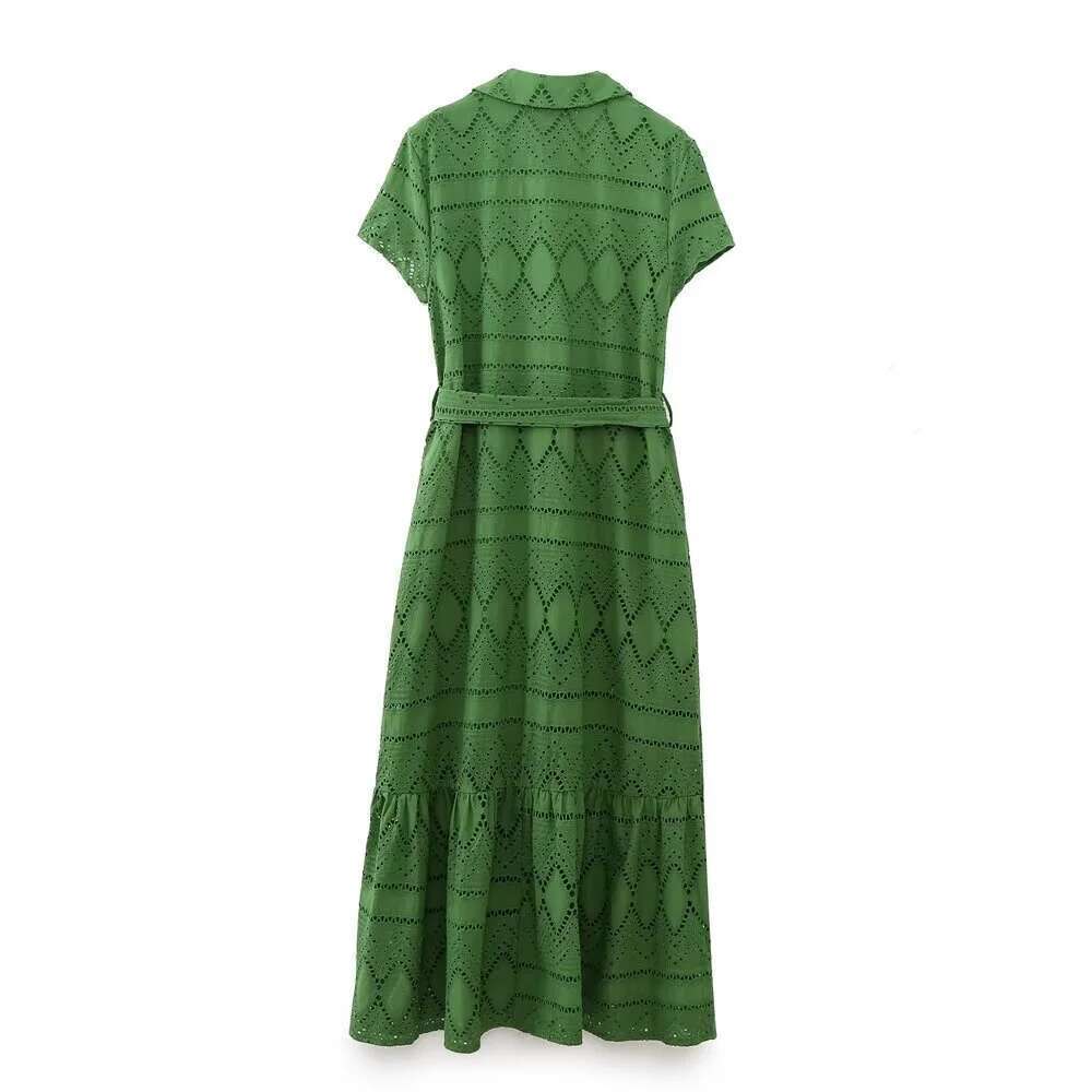 ZAR * Spring/Summer Hot Selling New Women's Waistband Lapel Short Sleeve Hollow out Embroidered Shirt Midi Dress