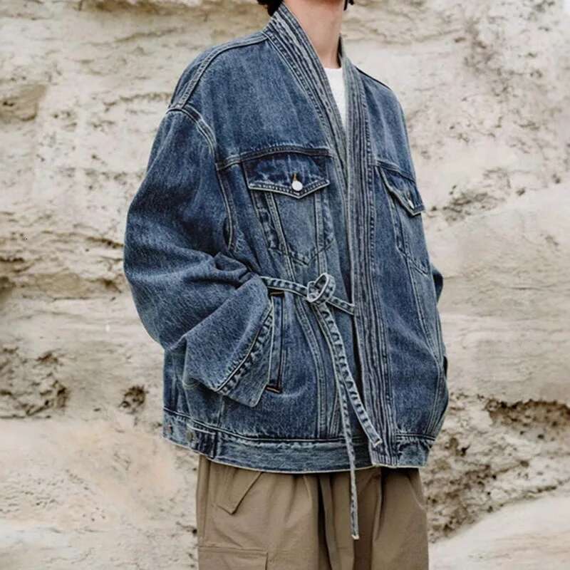 DEAT Fashion Women's Irregular Blue V-neck Casual Denim Coats Spring New Items Trendy Lace-up Loose Jackets Female 33A2709