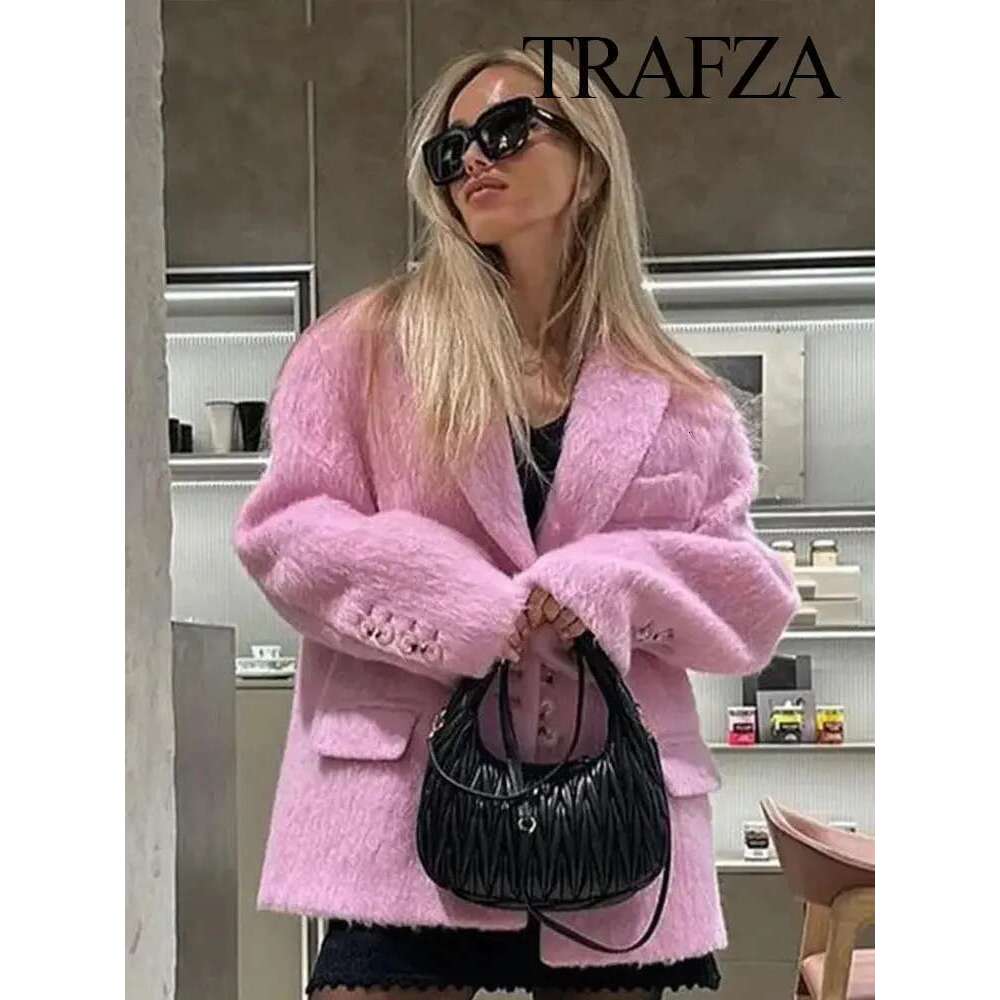 TRAFZA Fashion Plush Blazer Elegant Solid Y2k Women Long Sleeve Single Breasted Suit Coat Spring Female Casual Jackets